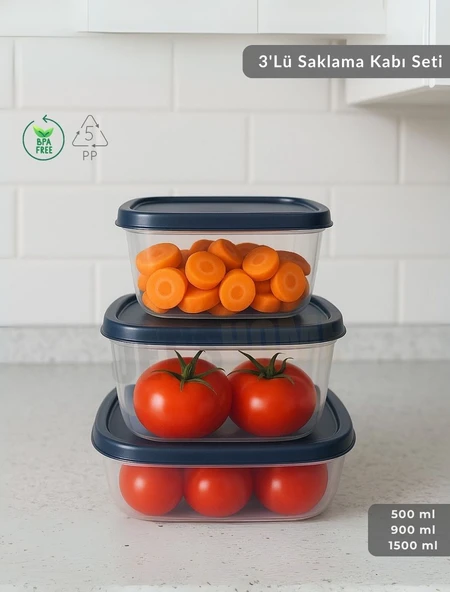 3'lü Saklama Kabı Seti Kare Erzak Kabı Bpa Free Derin Dondurucu için Uygun 500-900-1500 ml ürün görseli 1