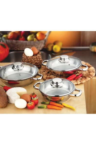Gülsan Dide 6 Parça Paslanmaz Çelik Omlet Set CAM Kapak 16-18-20cm ürün görseli 1