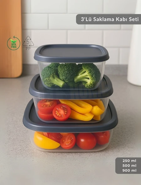 3'lü Saklama Kabı Seti Kare Erzak Kabı Bpa Free Derin Dondurucu için Uygun 250-500-1500 ml ürün görseli 1