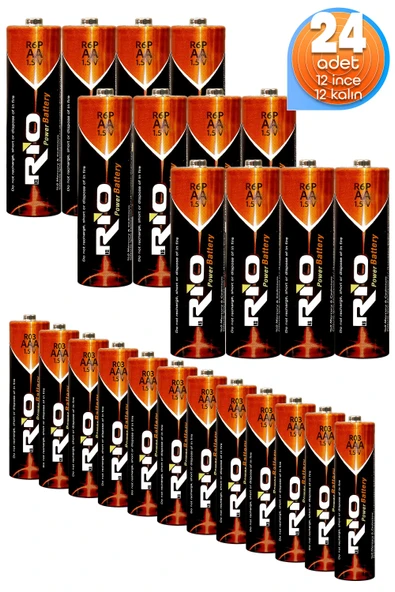 Rio 24lü (12 AA + 12 AAA) İnce ve Kalın Kalem Pil Seti Saat R03 ve R6P Pili Çinko Karbon Pil Zn-C 1.5V ürün görseli 1