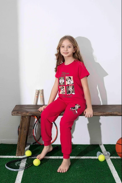 Kız Çocuk Mini Desenli Kırmızı Pijama Takımı ürün görseli 1