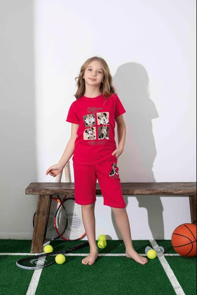 Kız Çocuk Mini Desenli Kırmızı Şortlu Pijama Takımı ürün görseli 1