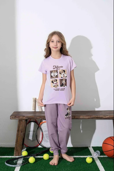 Kız Çocuk Mini Desenli Lila Pijama Takımı ürün görseli 1
