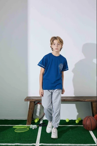 Erkek Çocuk Basketboll Desenli Mavi Pijama Takımı ürün görseli 1