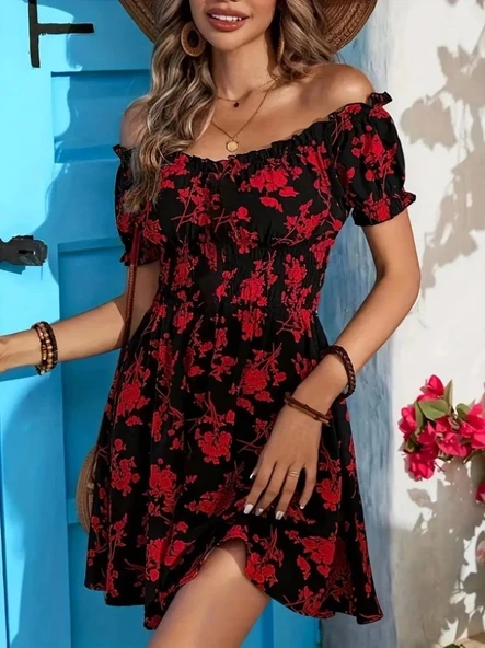 Kadın Kısa Kollu Madonna Yaka Beli Lastikli çiçek Desenli Kısa Süprem Elbise ürün görseli 1