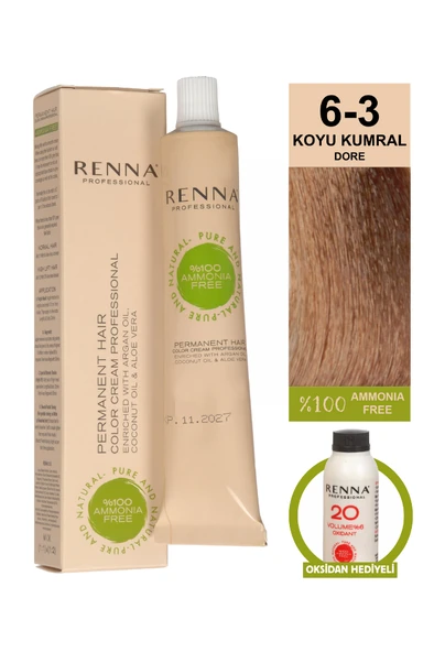 Renna Bitkisel Amonyaksız Saç Boyası 60 Ml 6-3 Koyu Kumral Dore Oksidan Hediyeli ürün görseli 1