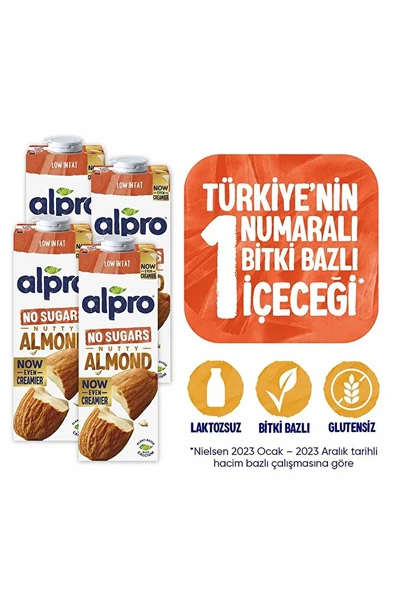 ALPRO Şekersiz Badem Sütü 4x1 L Vegan Laktozsuz Bitkisel Bazlı ürün görseli 1