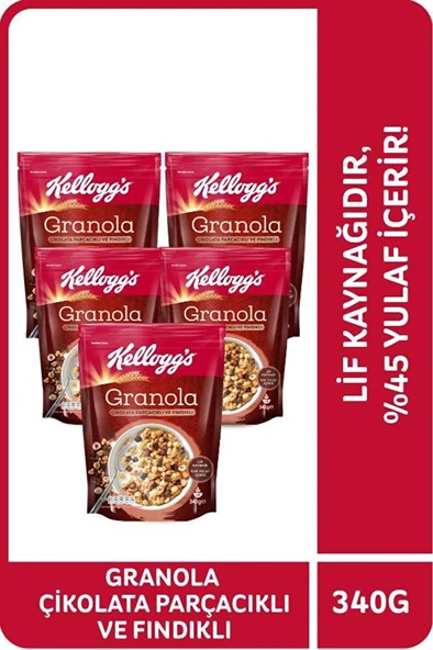 Granola Çikolata Parçacıklı Ve Fındıklı 340g X5 Adet, %44 Yulaf Ezmesi,lif Kaynağı,kahvaltılık ürün görseli 1