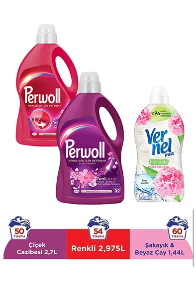 PERWOLL Sıvı Çamaşır Deterjanı 2.97L Renkli (104 Yıkama) + 2.75L Çiçek Cazibesi + Vernel 1440ml Şakayık ürün görseli 1