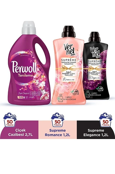 PERWOLL Sıvı Çamaşır Deterjanı Çiçek Cazibesi 2.7L + Vernel Max Yumuşatıcı Supreme 1200ml Romance & Elegance ürün görseli 1