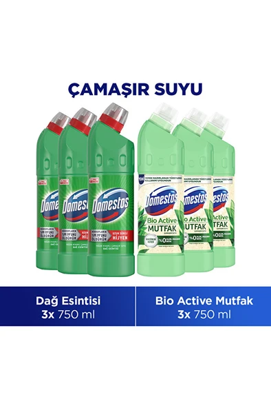 Çamaşır Suyu Dağ Esintisi 750 ml x3 + Çamaşır Suyu Bio Active Mutfak 750 ml x3 ürün görseli 1