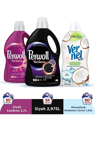 PERWOLL Hassas Sıvı Çamaşır Deterjanı  2,97L Siyah+ 2,7L Çiçek Cazibesi +Vernel 1440ml H.cevizi ürün görseli 1
