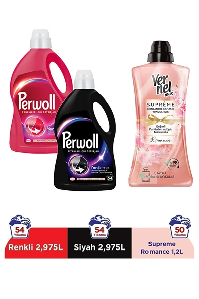 PERWOLL Hassas Bakım Sıvı Çamaşır Deterjanı 2x54 Yıkama (Siyah & Renkli) + Vernel Max 1200ml Supreme Romance ürün görseli 1