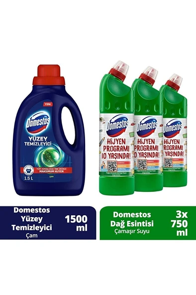 DOMESTOS Yüzey Temizleyici Çam 1500 ml + Domestos Dağ Esintisi Çamaşır Suyu 750 ml x 3 ürün görseli 1