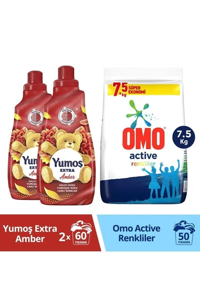 YUMOŞ Yumuşatıcısı Amber 1440ml 2adet Omo Active Fresh Toz Çamaşır Deterjanı Renkliler 7.5kg 1 Adet ürün görseli 1