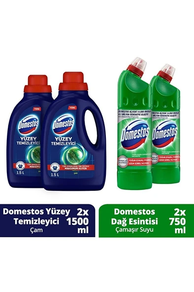 DOMESTOS Yüzey Temizleyici Çam 1500 ml x 2 + Domestos Dağ Esintisi Çamaşır Suyu 750 ml x 2 ürün görseli 1