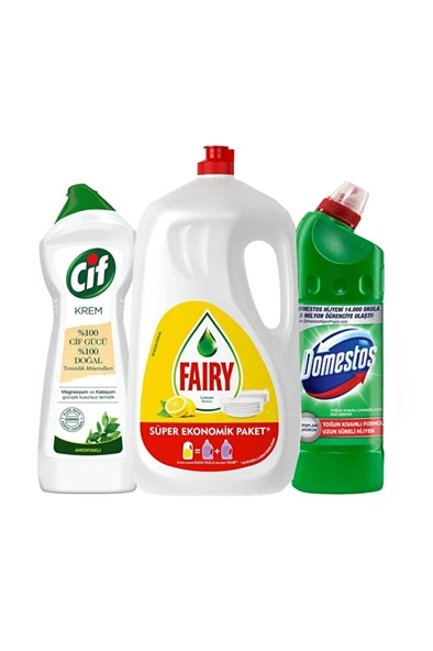 FAİRY Sıvı Bulaşık Deterjanı 2600ml + Domestos Çamaşır Suyu 750ml + Cif Krem 750ml ürün görseli 1