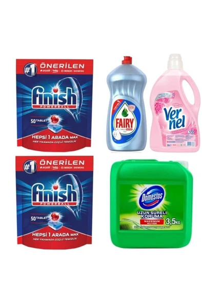 FİNİSH Tablet 50'li 2 Adet + Domestos Çamaşır Suyu 3,5 Kg + Vernel Yumuşatıcı 3 Litre + Fairy 1500 Ml ürün görseli 1