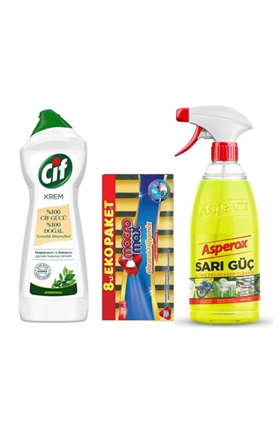 Sarı Güç Ultra Yağ Çözücü 1 Lt Sprey Cif Krem 500ml Macro Max 8'li Bulaşık Süngeri ürün görseli 1