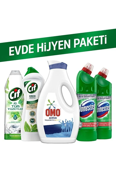 Evde Temizlik Paketi Krem Amonyak750 Ml+domestos 750ml+d2+ Jel 750 Ml+omo Sıvı Active 1690ml ürün görseli 1