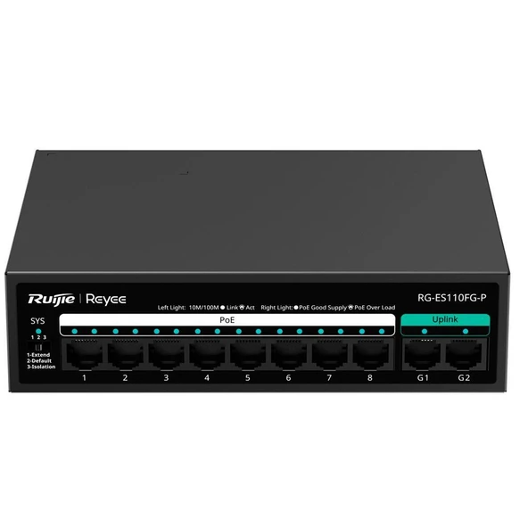 RUIJIE REYEE RG-ES110FG-P 8 PORT 10/100 8 PORT POE 2 PORT GIGABIT UPLINK 110W YONETILEMEZ DESKTOP SWITCH ürün görseli 1