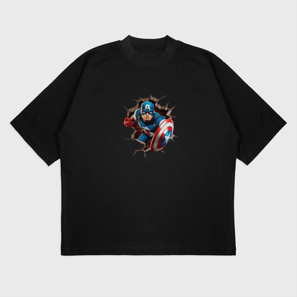 Oversize 'Captain America' Baskılı T-Shırt - Resim 4
