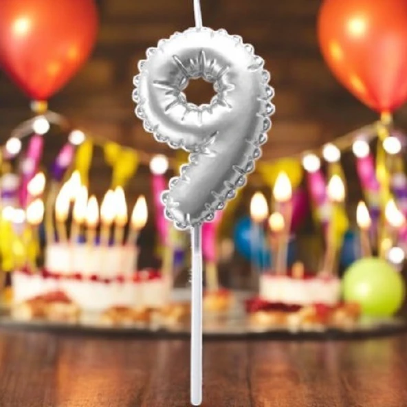 GÜMÜŞ DOĞUM GÜNÜ BALON ŞEKLİNDE MUM PASTA MUMU 9 NUMARA ürün görseli 1