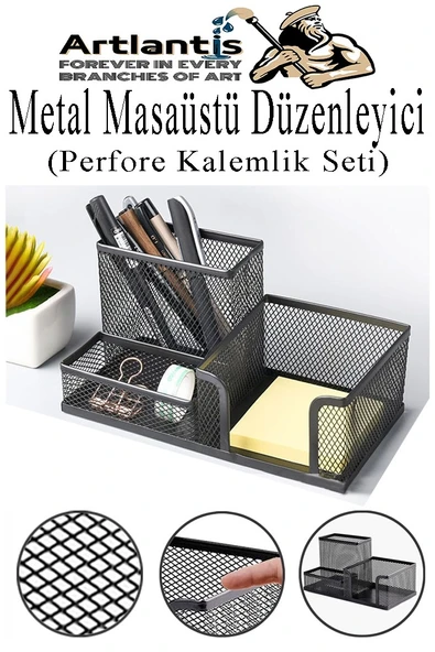 Masaüstü Metal Kalemlik Seti 3 lü Kombo 1 Paket Fileli Perfore Siyah Kalemlik Ataşlık Kağıtlık Küpnotluk Düzenleyici ürün görseli 1