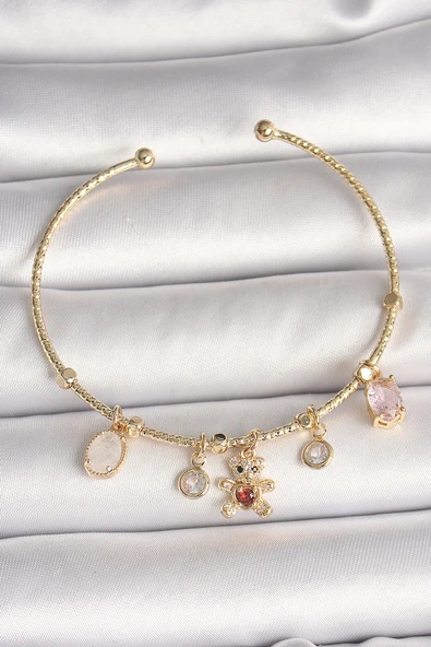 Pirinç Gold Renk Sallantı Zirkon Taşlı Ayıcık Figür Kırmızı Kalp Detay Charm Kadın Bileklik - EBJ250501W32818 ürün görseli 1