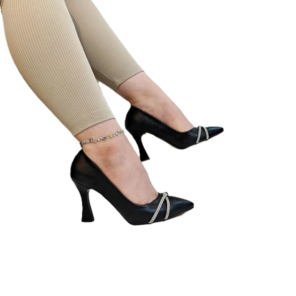 Fiyra 7030 Siyah Örgü Taşlı Kadeh Topuk Stiletto Topuklu Ayakkabı ürün görseli 1