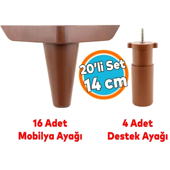 Mobilya Koltuk Kanepe Tv Ünitesi Yükseltme Destek Ayağı 14 cm Kahve Ayakları 20'li Set ürün görseli 1