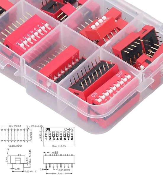 45 Adet Dip Switch Seti 1-9 Pin 2,54mm 9 Çeşit Şeffaf Çantada - Resim 2