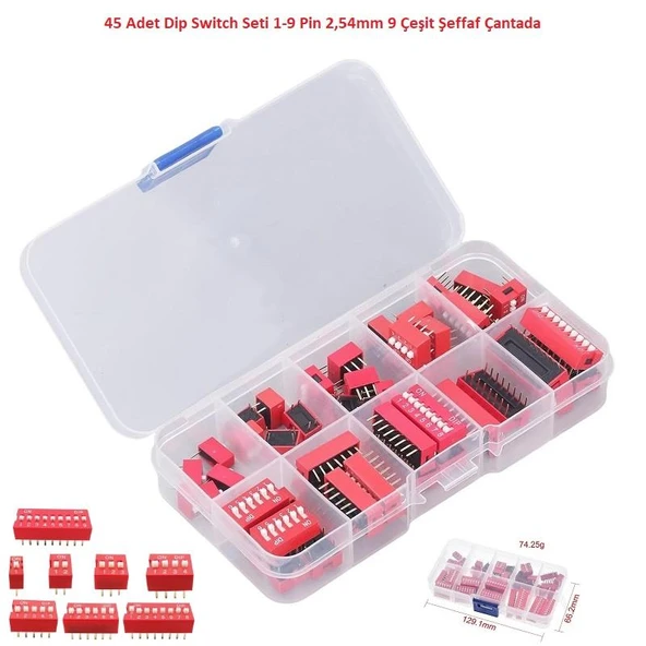 45 Adet Dip Switch Seti 1-9 Pin 2,54mm 9 Çeşit Şeffaf Çantada ürün görseli 1