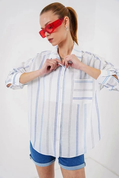 Çizgili Oversize Gömlek 20278 - Beyaz - Resim 4