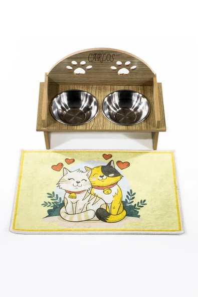 Ahşap Özel İsim Baskılı, Oval Kedi Köpek Mama Su Kabı Standı, Metal Suluk, Kedi Köpek Halısı ürün görseli 1