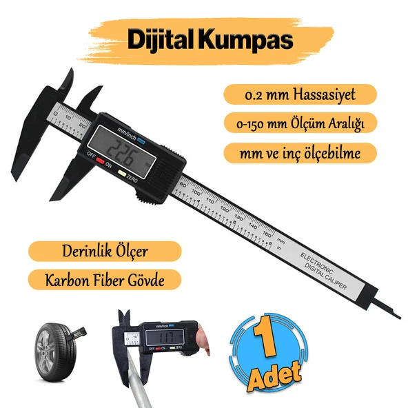 Dijital Kumpas Metal Çene 150 mm LCD Ekran Lastik Derinlik Çap Ölçme 0.2 mm Hassasiyet İnç Ölçüm ürün görseli 1