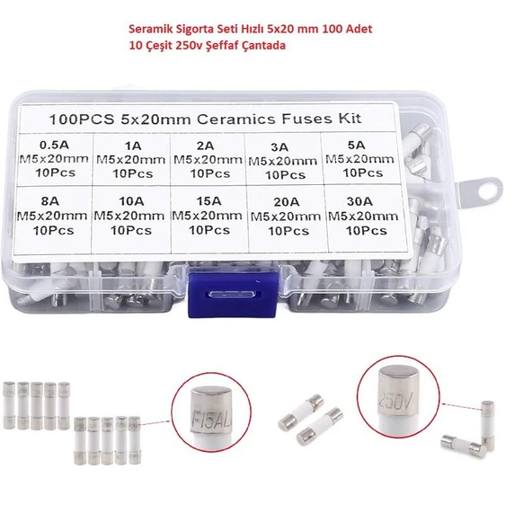 Seramik Sigorta Seti Hızlı 5x20 mm 100 Adet 10 Çeşit 250v Şeffaf Çantada ürün görseli 1