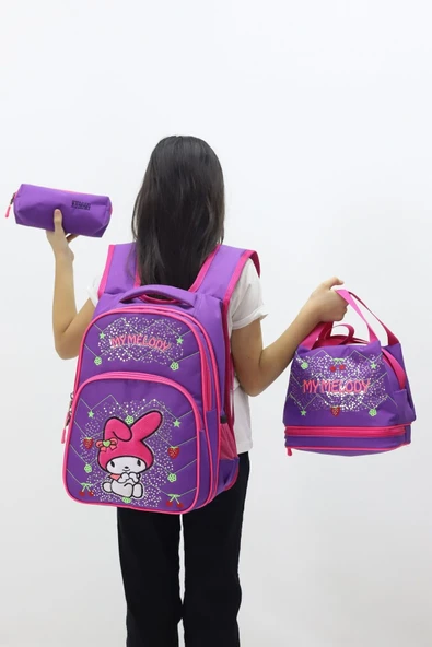 MyMelody Kız Çocuk 3 lü Okul Çanta Seti Sevimli Tasarımlı Sırt Çantası Beslenme Çantası Kalemlik ürün görseli 1