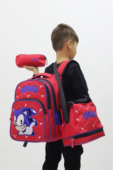 Kirpi Sonic Erkek Çocuk 3 lü Okul Çanta Seti Özel Tasarım Sırt Çantası Beslenme Çantası Kalemlik ürün görseli 1
