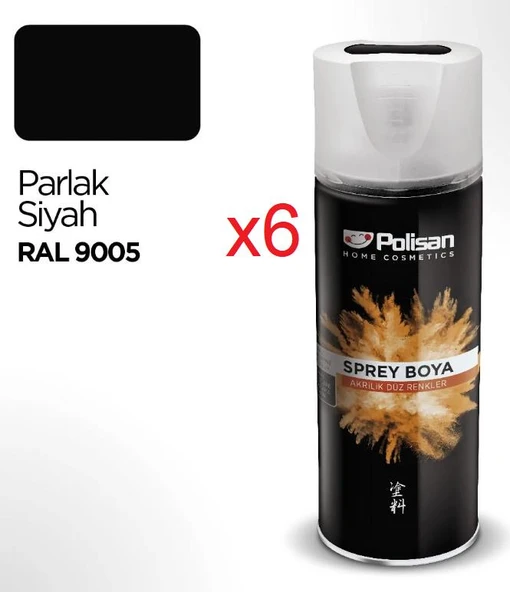 Polisan Akrilik Sprey Boya 6 Adet 400 ml Parlak Siyah ürün görseli 1