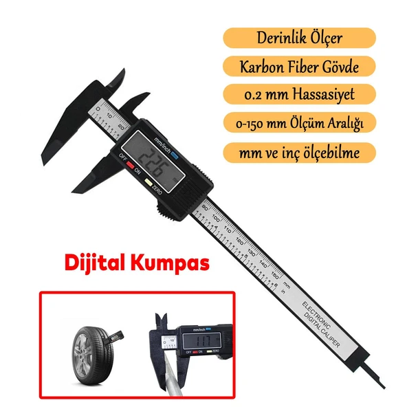 Dijital Kumpas LCD Ekran Plastik Çene 150 mm Lastik Derinlik Çap Ölçme 0.2 mm Hassasiyet İnç Ölçüm ürün görseli 1