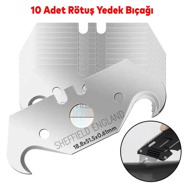 Kancalı Rötuş Bıçak Yedeği Kesme Boynuz Bıçak Maket Bıçağı 10'lu Paket 18.8x51.5x0,61mm İthal ürün görseli 1