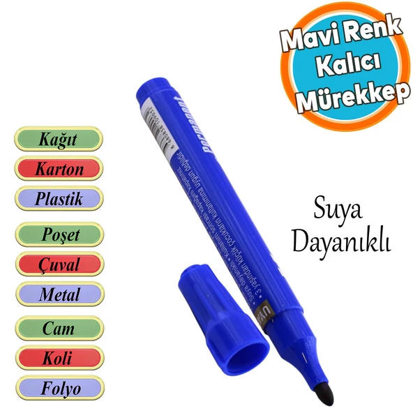 Suya Dayanıklı Kalıcı Çıkmaz Koli Kalemi İşaretleme Markalama Mavi Kalem Metal Cam Çuval Folyo ürün görseli 1
