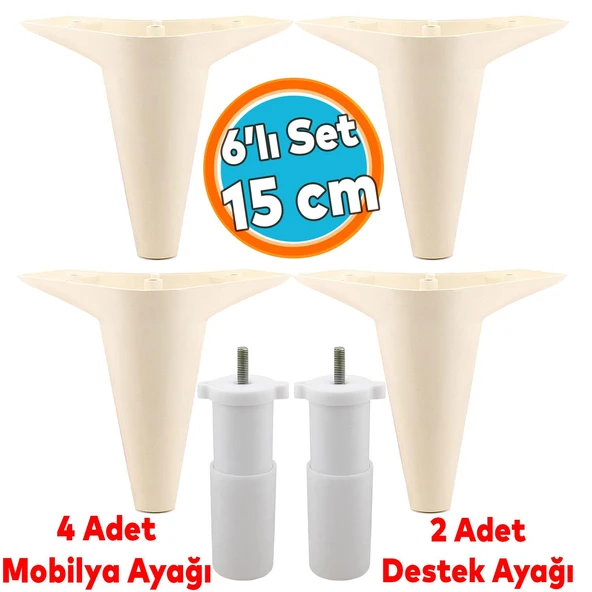 Mobilya Tv Ünitesi Çekyat Koltuk Kanepe Baza Destek Ayağı Ayakları 15 Cm Krem M8 6'lı Set ürün görseli 1