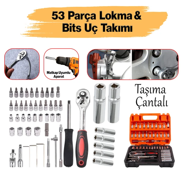 Lokma Anahtar Takımı 53 Parça Uzatma Kolu Mafsallı 1/4 Yıldız Hex Tork Düz Set Bits Uç Allen ürün görseli 1