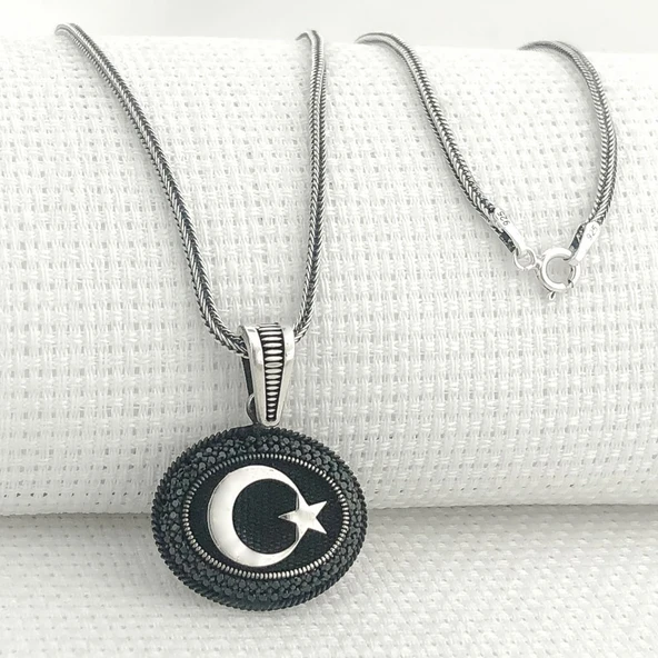 925 Ayar Gümüş Siyah Taşlı Ayyıldız Kolye ürün görseli 1
