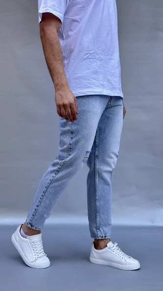 Yırtık Detay Buz Mavi Boyfriend Pantolon ürün görseli 1