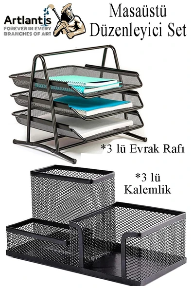 Masaüstü Evrak Rafı ve Metal Kalemlik Seti 3 lü Kombo 1 Paket Fileli Perfore Siyah Kalemlik Ataşlık Notluk Düzenleyici ürün görseli 1