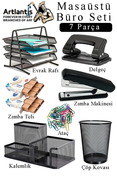 Masaüstü Büro Seti 7 Parça Siyah Metal Evrak Rafı Kalemlik 3 lü Zımba Makinesi Delegeç Ataşlık Notluk Düzenleyici ürün görseli 1