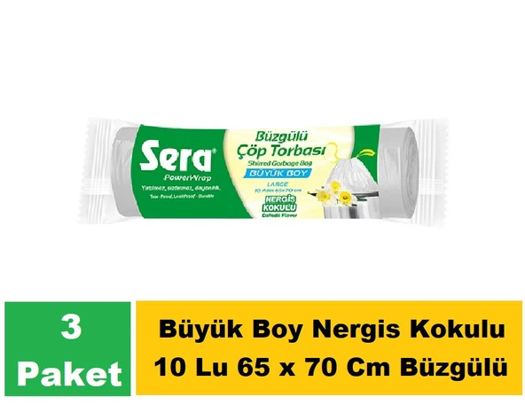 Sera Çöp Torbası Büzgülü Nergis Kokulu Büyük Boy 10 Lu 65 x 70 Cm x 3 Paket ürün görseli 1